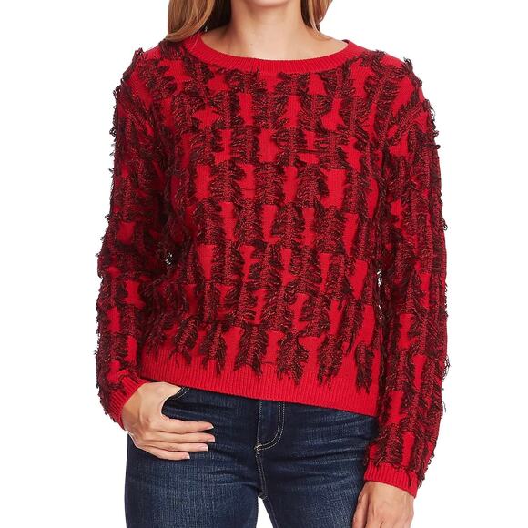Vince Camuto Chunky Soft Red Black Frayed Grandma Preppy Cotton Eyelash Sweater - Picture 1 of 5